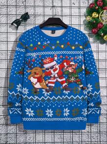 Manfinity Men's Christmas Cartoon Geometric Print Crew Neck Sweatshirt - Royal Blue - View 3