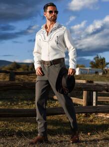 Manfinity Nomadique Men's Casual Patterned Print Button-Up Long Sleeve Shirt, Autumn - White - View 8