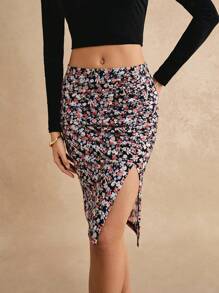 Poéselle Falda de cintura alta con estampado floral, plisada y con abertura lateral, falda de verano para vacaciones inspirada en la serie Bridgerton