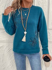 EMERY ROSE 女士花卉图案圆领落肩长袖休闲毛衣，秋冬 - 水鴨藍 - 查看 5