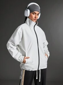 SHEIN Sports 女士前拉链长袖口袋渐变色简约休闲运动夹克 - 黑色 - 查看 7