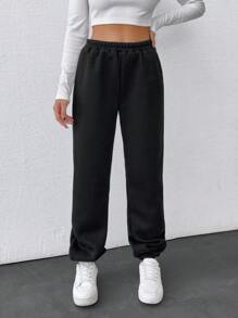 RueChic Women Casual Solid Color Elastic Waist Sweatpants - Black - View 4