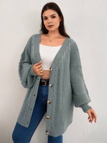 EURMUSE Plus Size Solid Color Front-Button Long Sleeve Casual Top, For Winter - Grey - View 3