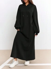 Mulvari Women Solid Color Hooded Casual Long Sleeve Sweatshirt Dress - Black - View 5
