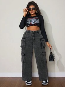 SHEIN SXY Plus Size Damskie Jednokolorowe Luźne Kieszenie Swobodne Uniwersalne Jeansy Cargo