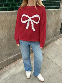 Forever 21 新款秋冬圆领大蝴蝶结撞色宽松休闲女童毛衣 - 紅色 - 查看 7