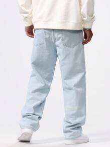 Manfinity Hypemode Pantalones vaqueros casuales de estilo simple con botones delanteros y bolsillos para hombres de talla grande, pantalones vaqueros tipo cargo lavados sencillos y holgados de color azul claro, ideal como regalo para el esposo o novio