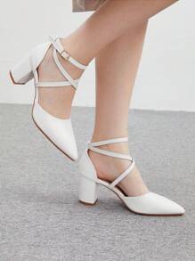 CUCCOO BIZCHIC Femmes Mode Blanc Bride À La Cheville Croisé Bout Pointu Talons Hauts Épais, Convient Pour Le Trajet, Le Rendez-Vous, La Fête, Les Courses, Les Vacances - Blanc - Voir 3