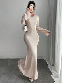 Chiquease Women Elegant Solid Color Pleated Bell Sleeve Mermaid Hem Fitted Dress, Spring/Autumn - Apricot - View 5