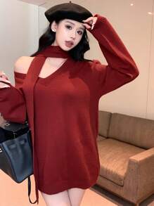 DAZY 女士情人节/圣诞节系带红色针织高领毛衣，秋季服装，新年 - 紅色 - 查看 9