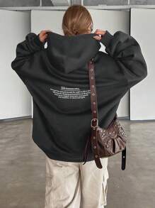 DAZY Women's Casual Slogan Printed Dropped Shoulder Loose Drawstring Hooded Long Sweatshirt, Autumn