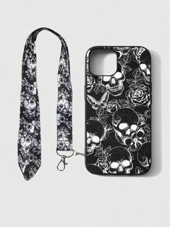Goth 1 pieza Funda de teléfono con calavera de rosa oscura con brillo