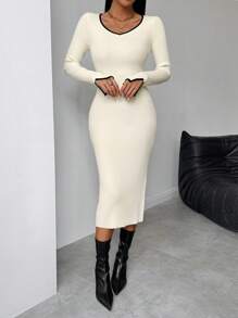 Chiquease 黑色饰边、开衩袖口、合身女式休闲毛衣连衣裙 - 彩色 - 查看 5