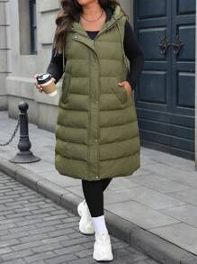 Calvaya Plus Size Solid Color Hooded Zipper Sleeveless Padded Padded Coat, Autumn/Winter Clothes - Green - View 4