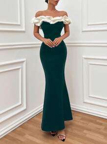 EURMUSE Two Tones Off Shoulder Ruffle Trim Bodycon Dress, Elegant Dress - Dark Green - View 6