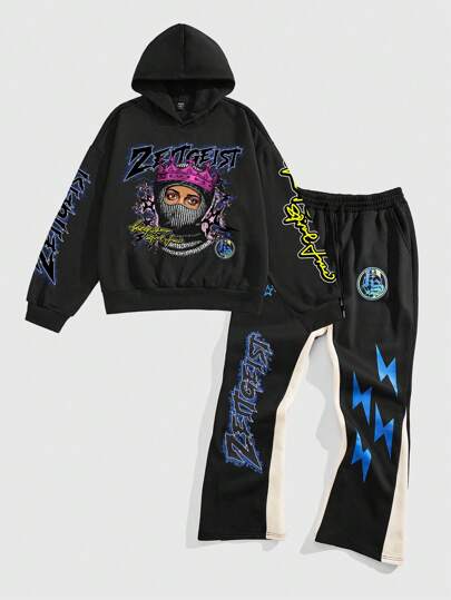 Street Life Men's Loose Cropped Hooded Sweatshirt And Pants Tracksuit Set, Streetwear