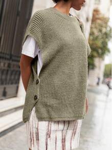INAWLY Gilet tricoté simple à col rond unicolore pour femme, décontracté pour le port quotidien - Kaki - Voir 5