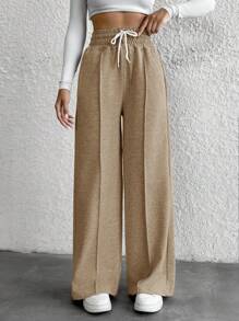Cottnline Petite Drawstring Waist Wide Leg Pants - Camel - View 4