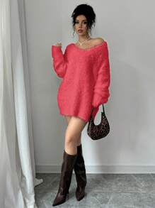 Elenzga 女士休闲纯色针织毛衣，秋冬季新年衣服 - 紅色 - 查看 5