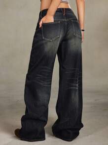 ROMWE Grunge Punk Vintage Distressed Rivet Decor Wide Leg Low Rise Loose Women Kpop Low Waist Boy Friend Jeans