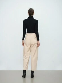 SHEIN LUNE 秋冬口袋装饰褶皱直筒裤 - 杏色 - 查看 2