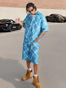 Manfinity VCAY Men's Digital Printed Loose Woven Short Sleeve Shirt Set - Blue - View 5