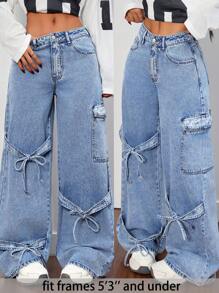SHEIN PETITE Jeans rectos de pierna suelta y casual con lazo, jeans holgados con lazo, ropa de clima frío, pantalones de invierno para mujer, pantalones navideños, jeans de mujer, jeans holgados de talle bajo con lazo, jeans de mezclilla con lazo, jeans de carga para mujer, pantalones de mujer, pantalones de carga - Lavado ligero - Ver 2