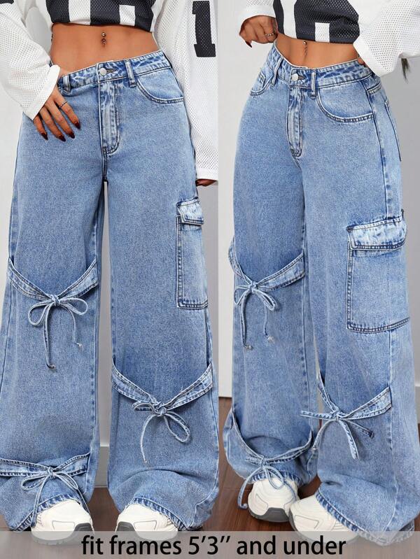 SHEIN PETITE Women Casual Loose Tied Straight Leg Jeans, Bow Baggy Jeans,Cold Weather Clothes,Winter Women Pants,Christmas Pants,Women Jeans,Low Rise Baggy Jeans,Bow Denim Jeans,Cargo Women Jeans, Women Pants,Cargo Pants, Fall Women Clothes
