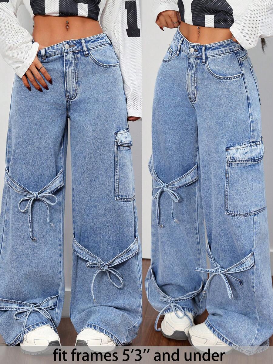SHEIN PETITE Jeans rectos de pierna suelta y casual con lazo, jeans holgados con lazo, ropa de clima frío, pantalones de invierno para mujer, pantalones navideños, jeans de mujer, jeans holgados de talle bajo con lazo, jeans de mezclilla con lazo, jeans de carga para mujer, pantalones de mujer, pantalones de carga