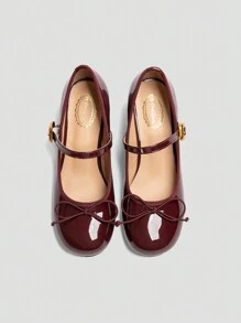 Dola Lovely 女士亮面蝴蝶结装饰时尚高跟鞋，适合圣诞节和新年假期氛围秋冬 - 紅木色 - 查看 4