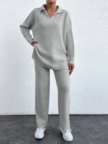EURMUSE 2pcs/Set Solid Color Turn-Down Collar Sweater And Long Pants Outfit ,Petite Women - Grey - View 4