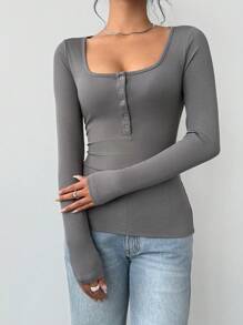 SHEIN BASICS 3pcs/Set Women's Casual Plain Knit Long Sleeve Fitted Crew Neck Half-Open Front T-Shirt