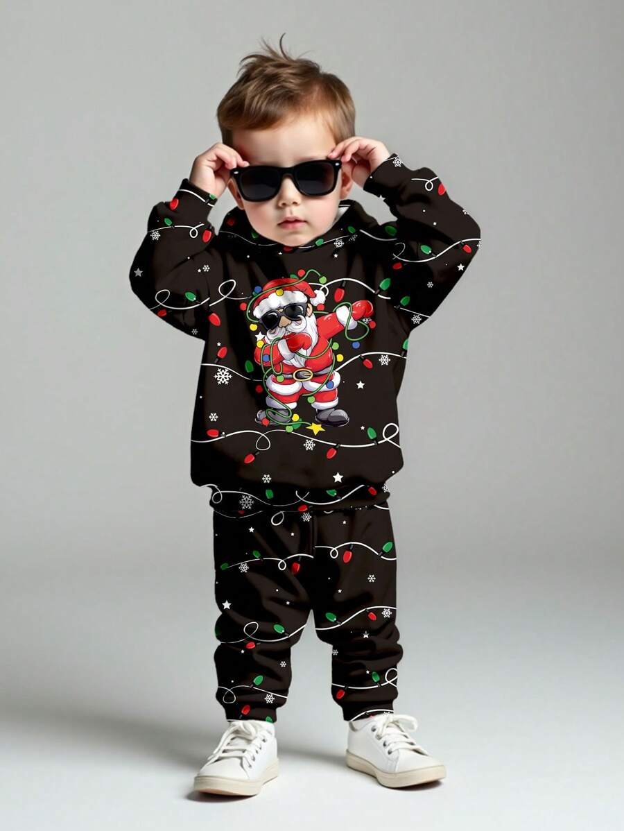 SHEIN 男婴休闲简约圣诞元素图案宽松舒适柔软针织连帽运动服，适合秋冬季 - 彩色 - 查看 1