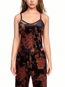 ROMWE Fairycore 复古花卉天鹅绒金箔印花细肩带休闲女式睡衣套装 - 彩色 - 查看 2