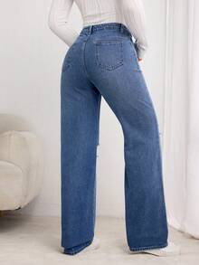 SHEIN LUNE Quần Jeans Ống Thẳng Thường Ngày Cho Nữ - Màu xanh lam - Xem 2