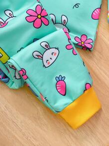 4 件套年轻女孩卡通兔子和花卉印花舒适圆领长袖运动衫 + 慢跑裤套装，儿童休闲甜美风格服装，春秋