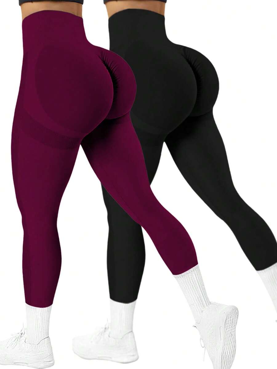 Easithlete 2pcs Women's Solid Color High Waist Seamless Stretch Leggings For Daily Workout Yoga Pants - Multicolor - View 1