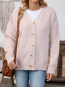 EMERY ROSE Áo len cardigan dài tay màu trơn hở vai đơn giản cho nữ, áo len cardigan màu hồng thu đông - Bụi hồng - Xem 6