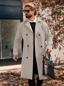 Manfinity Homme 男士纯色双排扣休闲长袖风衣，秋季，风衣，送给男朋友的礼物，老钱风格 - 杏色 - 查看 6