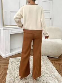 RueChic Woman Contrast Color And Pearls Detailed Regular Fit Winter Sweater Co-Ords Sweater Pants Two Piece