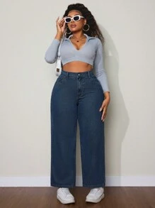 SHEIN EZwear 大码女式口袋宽松阔腿休闲百搭男友风牛仔裤 - 藍色 - 查看 4