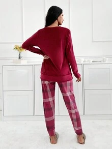 SHEIN Cottnline Women Velvet Injection Slogan Printed Shirt And Plaid Pattern Bottom Homewear Lounge Set - Burgundy - View 2