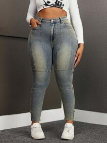 SHEIN SXY 大码女式口袋装饰紧身休闲牛仔裤 - 藍色 - 查看 4