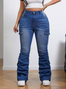SHEIN EZwear Plus Size Color Block Ruched Pocket Casual Versatile Jeans - Medium Wash - View 1