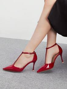 CUCCOO BIZCHIC Women's Fashion Wine Red T-Strap Pointed Toe High Heel Pumps, Suitable For Commuting, Dating, Party, Holiday, Wedding Spring Shoes Spring Break Easter - Burgundy - View 1