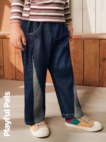 SHEIN 1 pieza Conjuntos de ropa de colores de bloques de jeans con impresión de dibujos animados, lindos/retro/casuales/para el hogar/al aire libre para invierno/otoño para niños pequeños