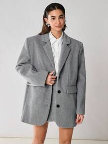 Enchnt 1 件女式纯色翻领长袖单排扣休闲羊毛大衣，秋冬 - 灰色 - 查看 10