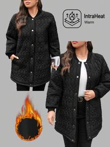 SHEIN LUNE Abrigo acolchado holgado de longitud hasta la rodilla de mujer talla grande en color negro con patrón geométrico y puños curvilíneos laterales, ropa de invierno para mujer, abrigo de invierno para vacaciones, térmica