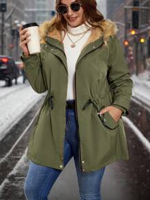 SHEIN Clasi 大码蓬松领连帽加厚棉服 - 軍綠色 - 查看 4