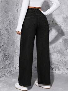 SHEIN PETITE 女士休闲纯色直筒牛仔裤 - 黑色 - 查看 2